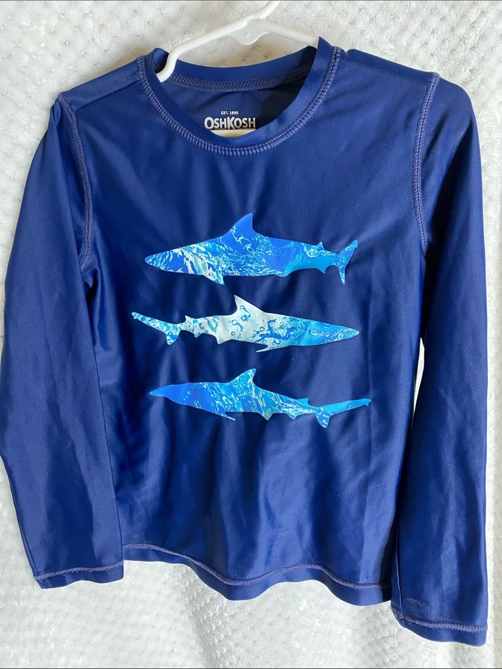 OshKosh B'gosh Navy Blue Long Sleeve Rashguard Swim Shirt Shark Graphics